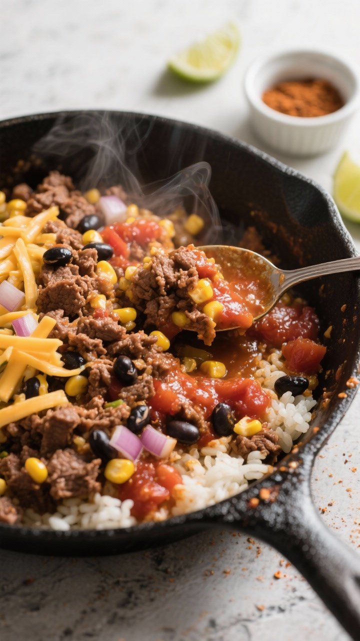 Close-up detail and cooking process: A skillet scene of the taco filling just after simmering—crum