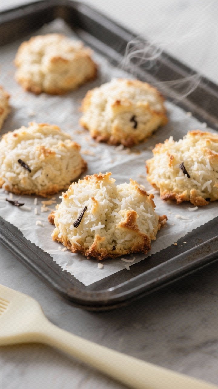 Close-up detail and cooking process: A tray of freshly baked keto vanilla bean coconut macaroons jus