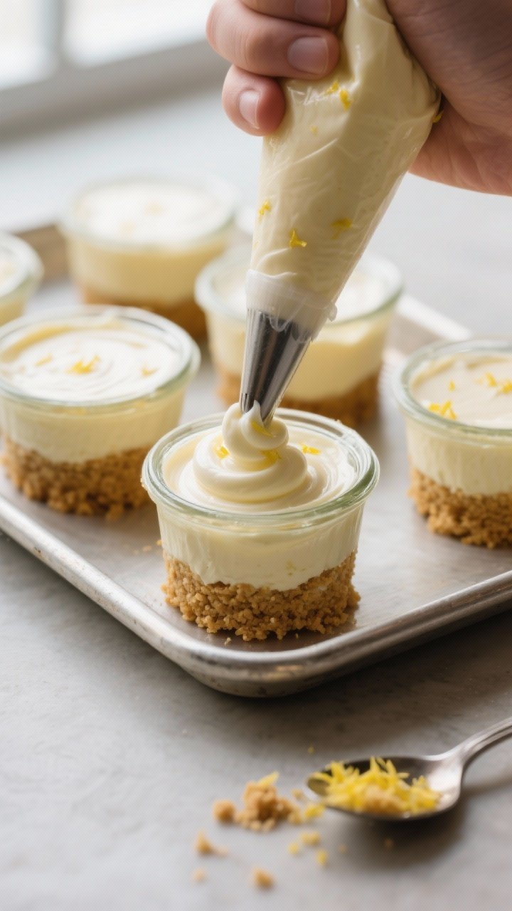 Close-up detail and process: A tight, 45-degree angle shot of individual cheesecake cups being assem