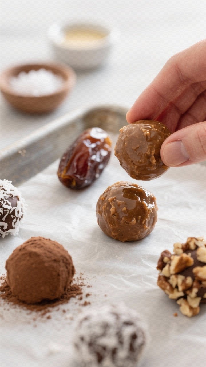 Close-up detail and process: A tight, macro shot of glossy date-and-nut truffle dough being rolled i
