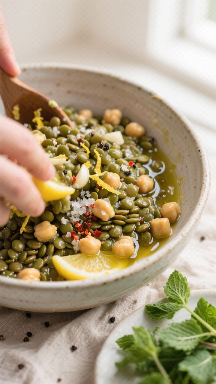Close-up detail and process: Cooked green lentils and chickpeas being tossed with glossy lemon dress