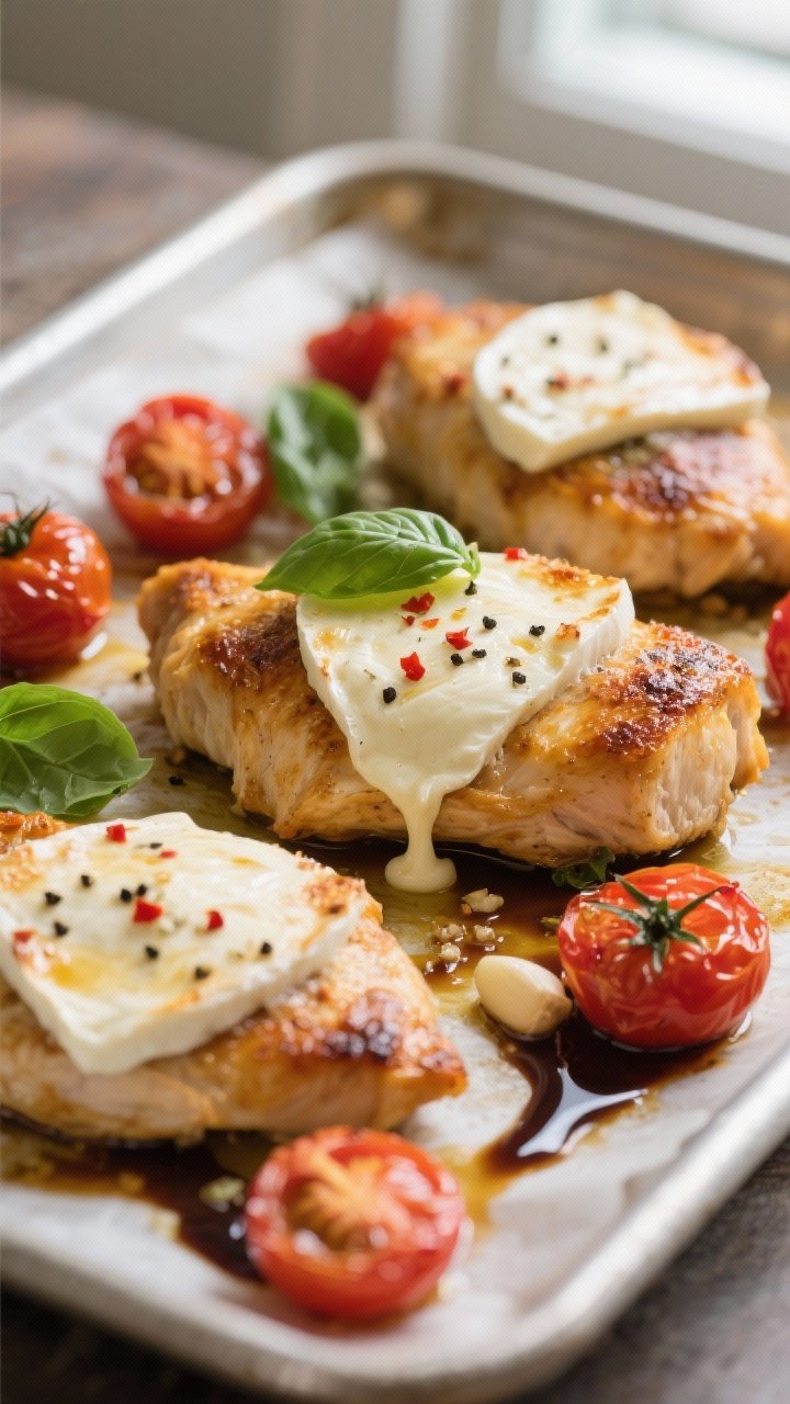Close-up detail and process: Golden baked chicken breasts just pulled from the oven on a parchment-l