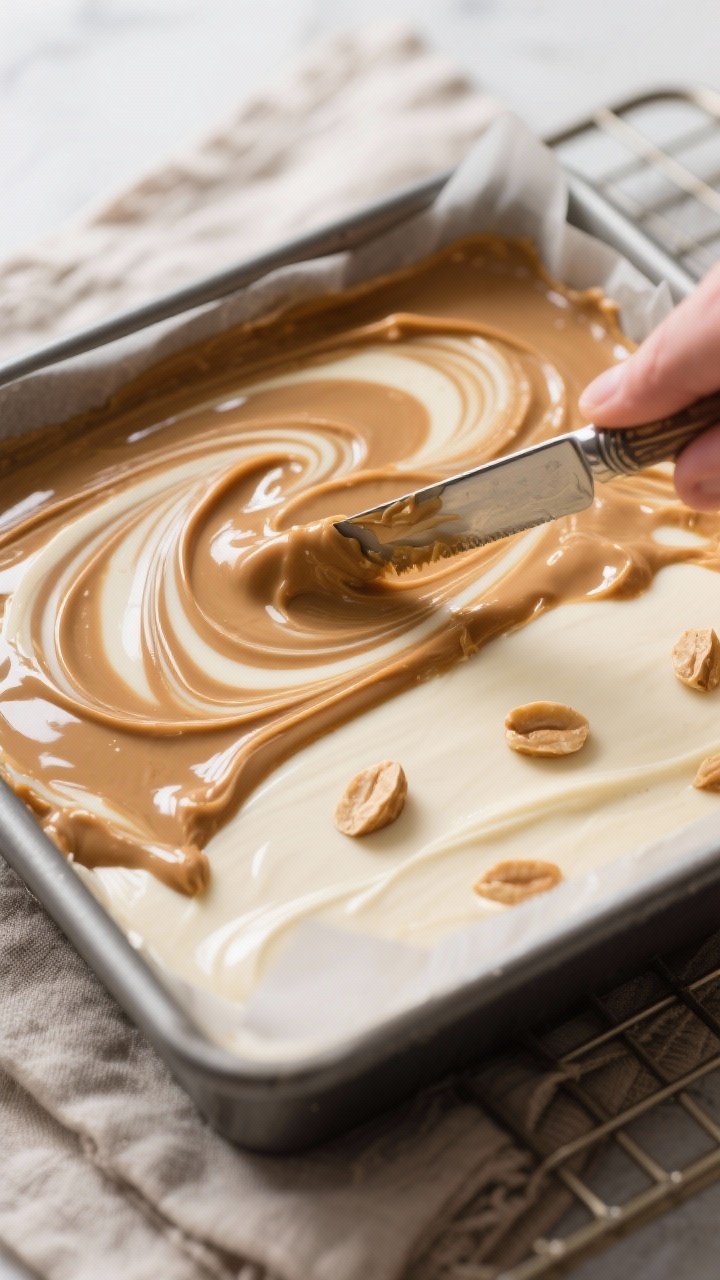 Close-up detail and process: Keto peanut butter and vanilla fudge being swirled in an 8x8-inch parch