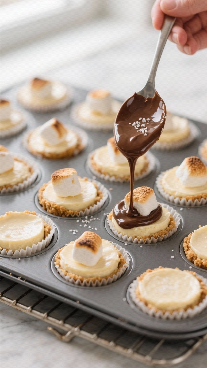 Close-up detail and process: Keto S’mores Cheesecake Bites just out of the oven, mini cheesecakes 