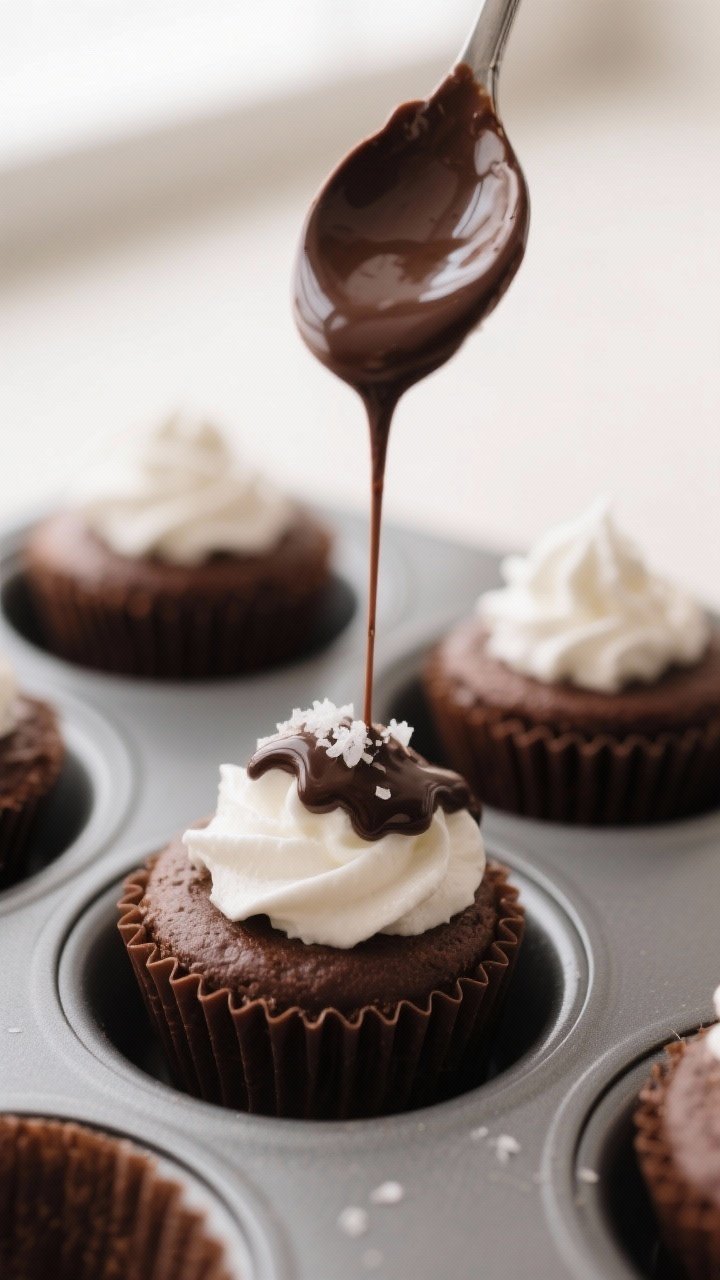 Close-up detail and process: Mini chocolate coconut cream cups being topped with the final glossy ch