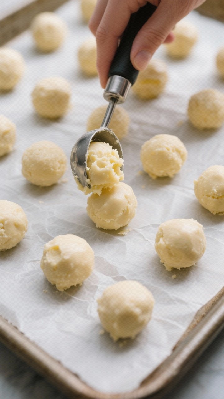 Close-up detail and process: No-bake lemon cheesecake energy balls being rolled by utensils (no hand