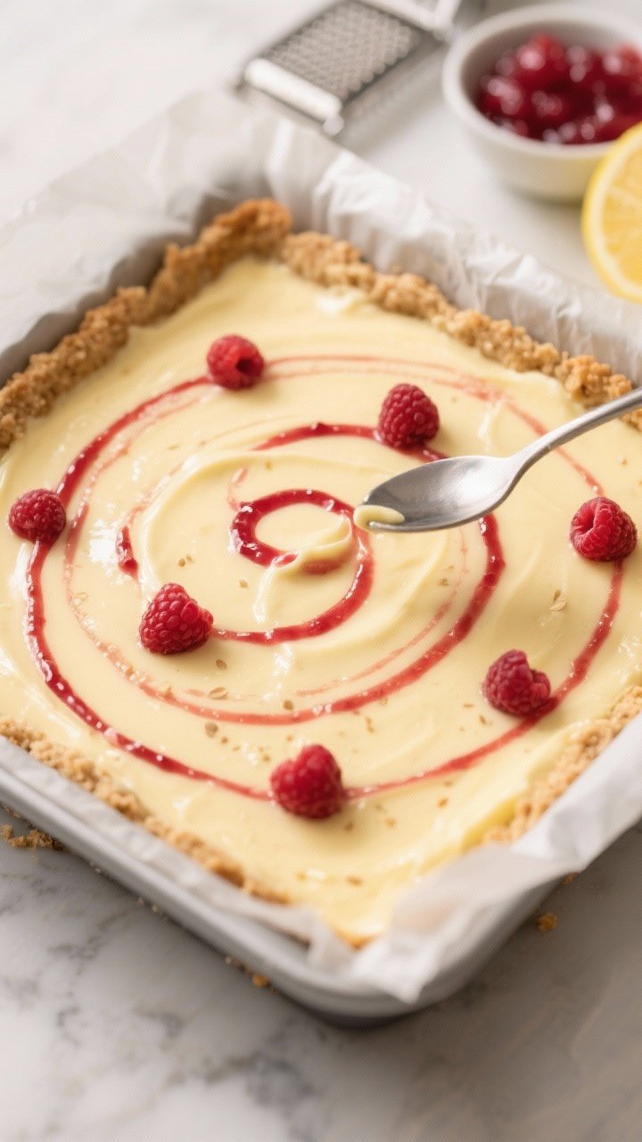 Close-up detail and process shot: A parchment-lined 8x8 pan with the keto lemon cheesecake filling j