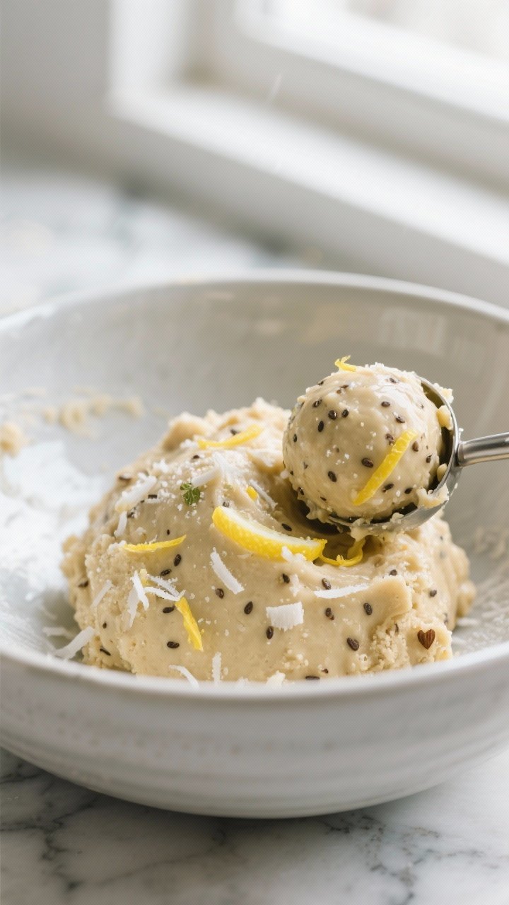Close-up detail, cooking process: A chilled mixing bowl with a mound of glossy, lemon-speckled keto 