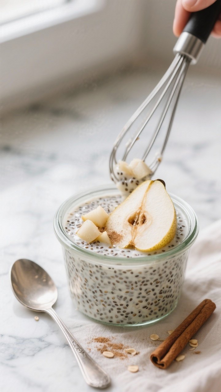 Close-up detail/cooking process: A glass jar on a cool marble surface with cinnamon pear chia puddin