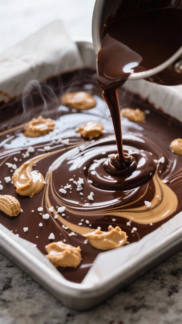 Close-up detail, cooking process: A glossy river of melted keto chocolate fudge base being poured fr