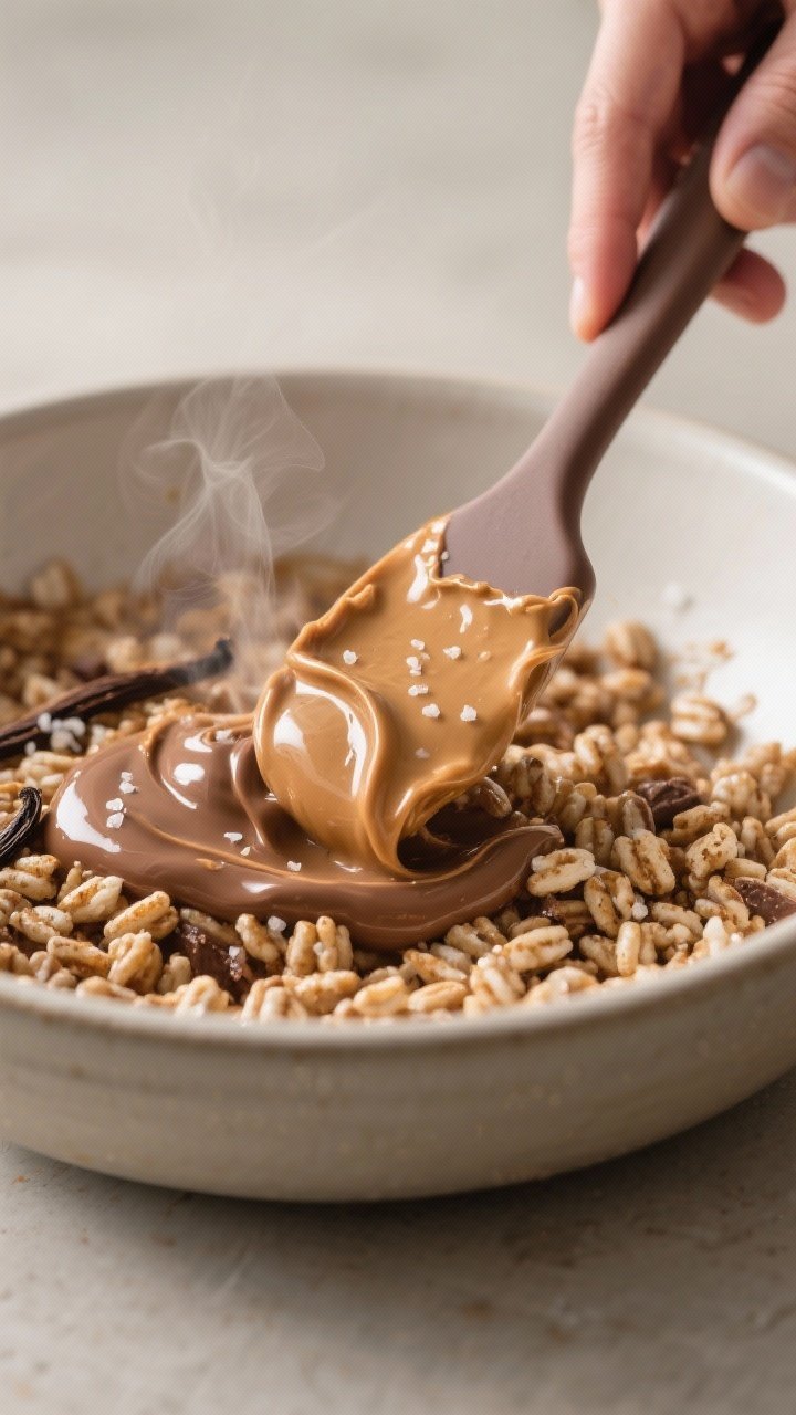 Close-up detail/cooking process: A glossy stream of warm peanut-butter–chocolate mixture being fol