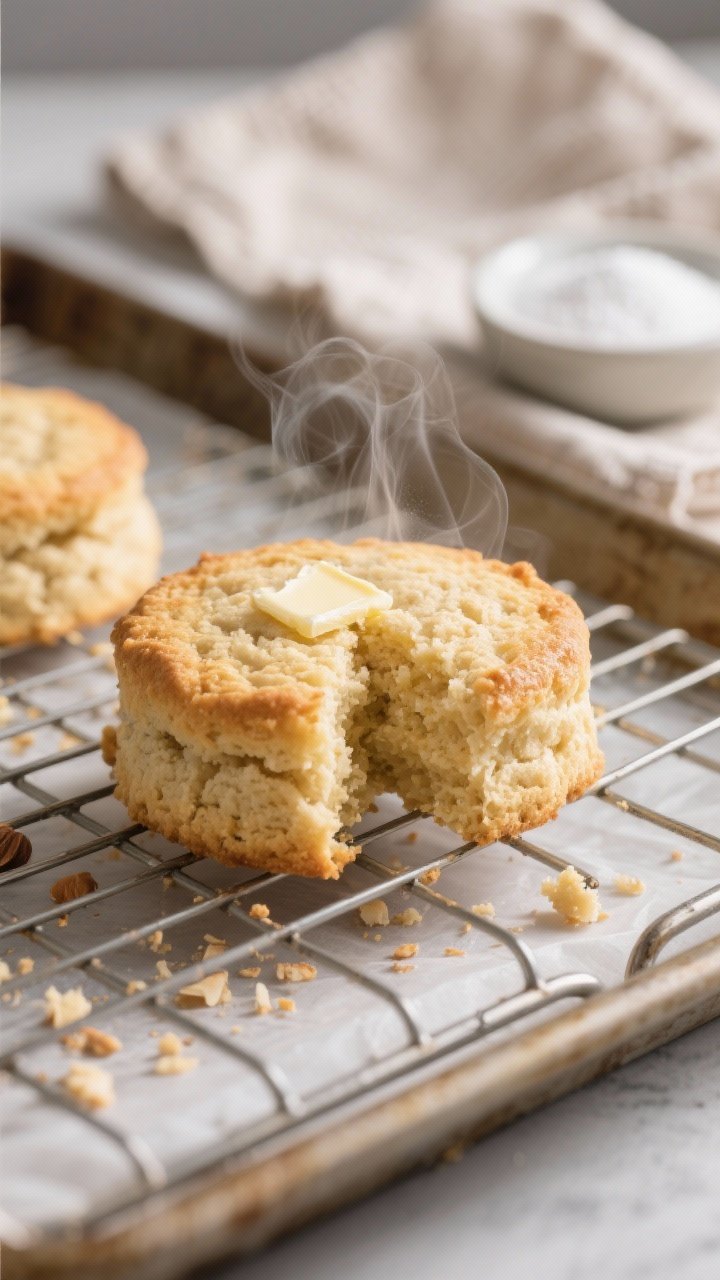 Close-up detail, cooking process: A just-baked keto almond-coconut shortcake biscuit cooling on a wi