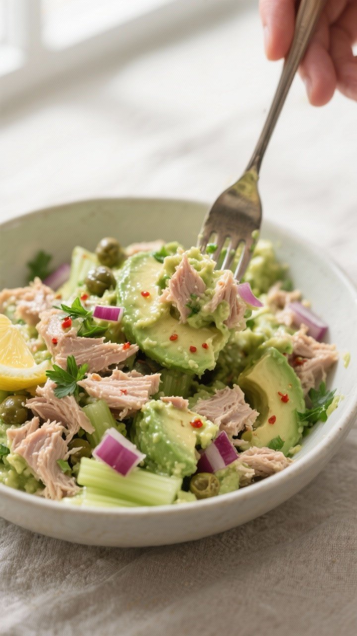 Close-up detail, cooking process: A medium bowl of freshly mixed avocado tuna salad being gently fol
