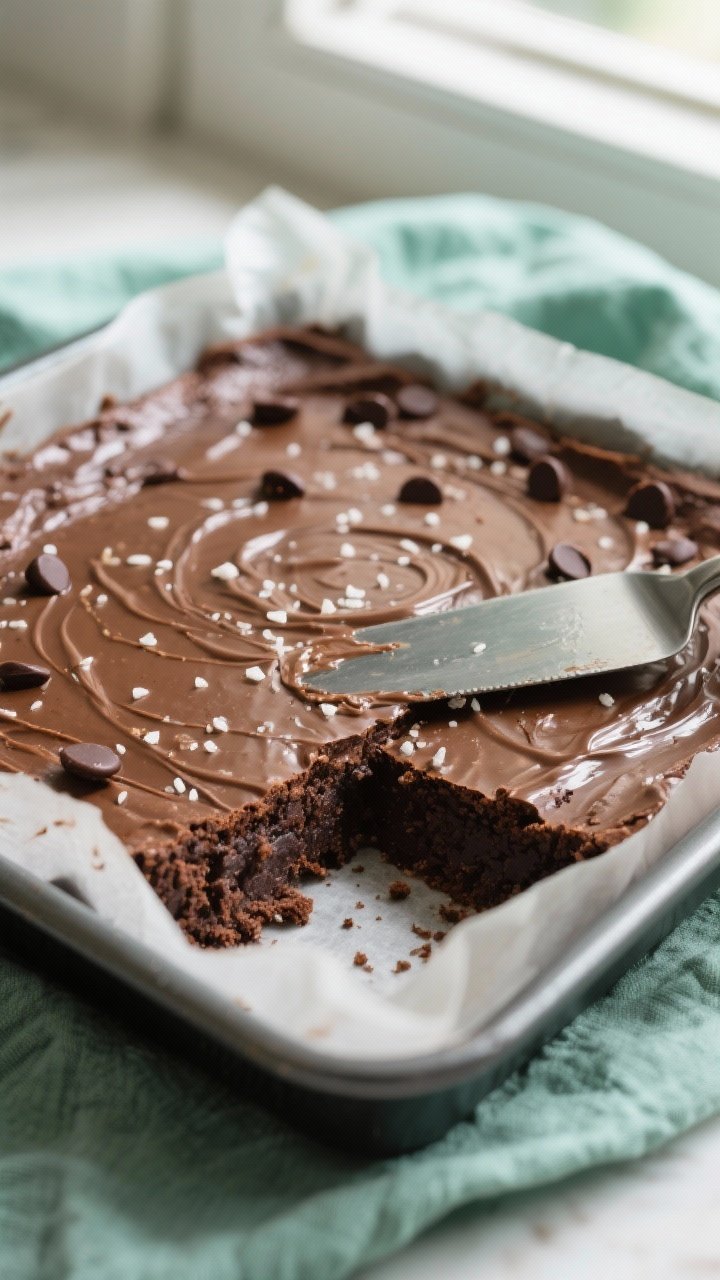 Close-up detail, cooking process: A parchment-lined 8x8 pan of freshly baked keto chocolate mint bro