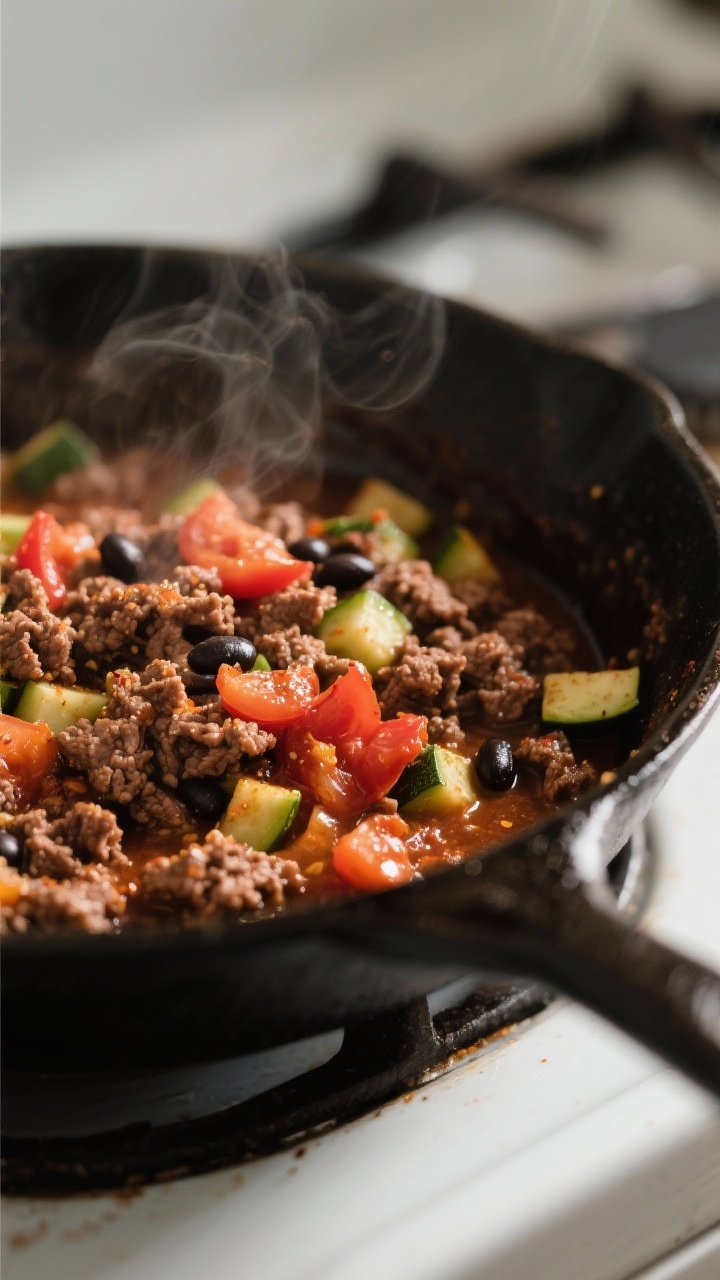 Close-up detail, cooking process: A skillet of browned, taco-seasoned ground beef mixed with chopped