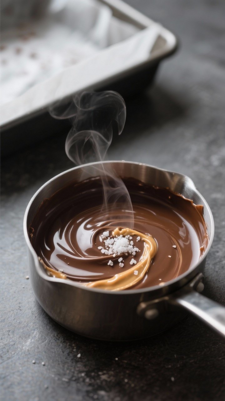 Close-up detail/cooking process: A small saucepan of freshly melted keto chocolate-peanut butter fud