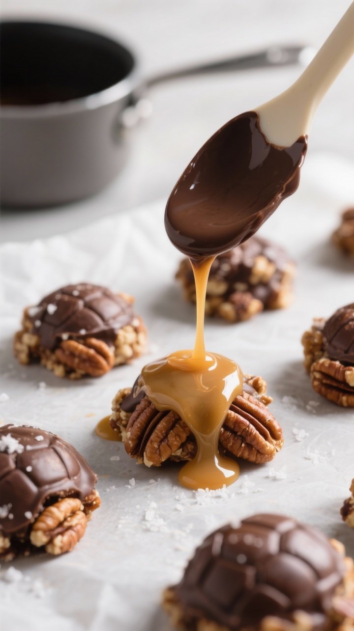 Close-up detail, cooking process: A tight macro shot of freshly assembled keto turtle clusters on a 