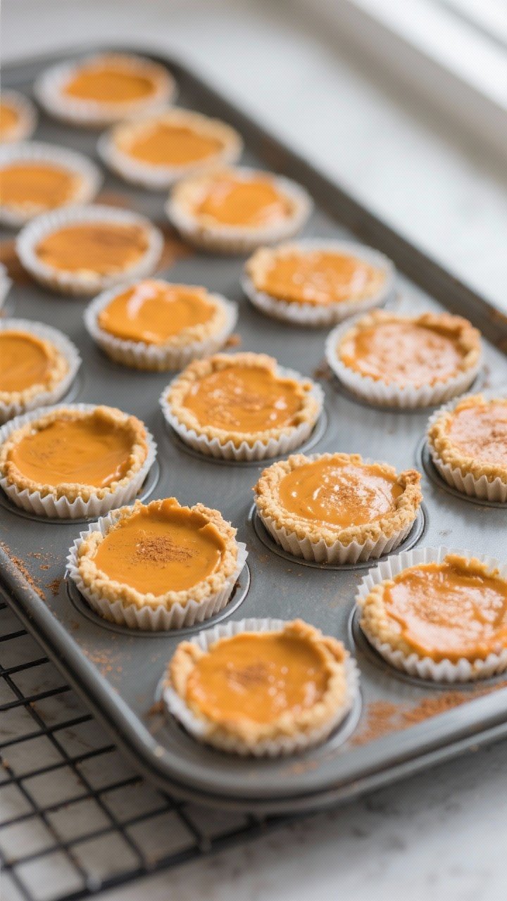 Close-up detail, cooking process: A tray of freshly baked keto pumpkin spice cheesecake bites still 