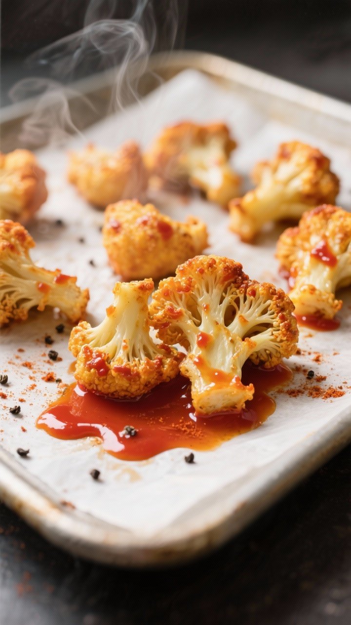 Close-up detail, cooking process: Golden-baked Buffalo cauliflower florets just after the sauce bake