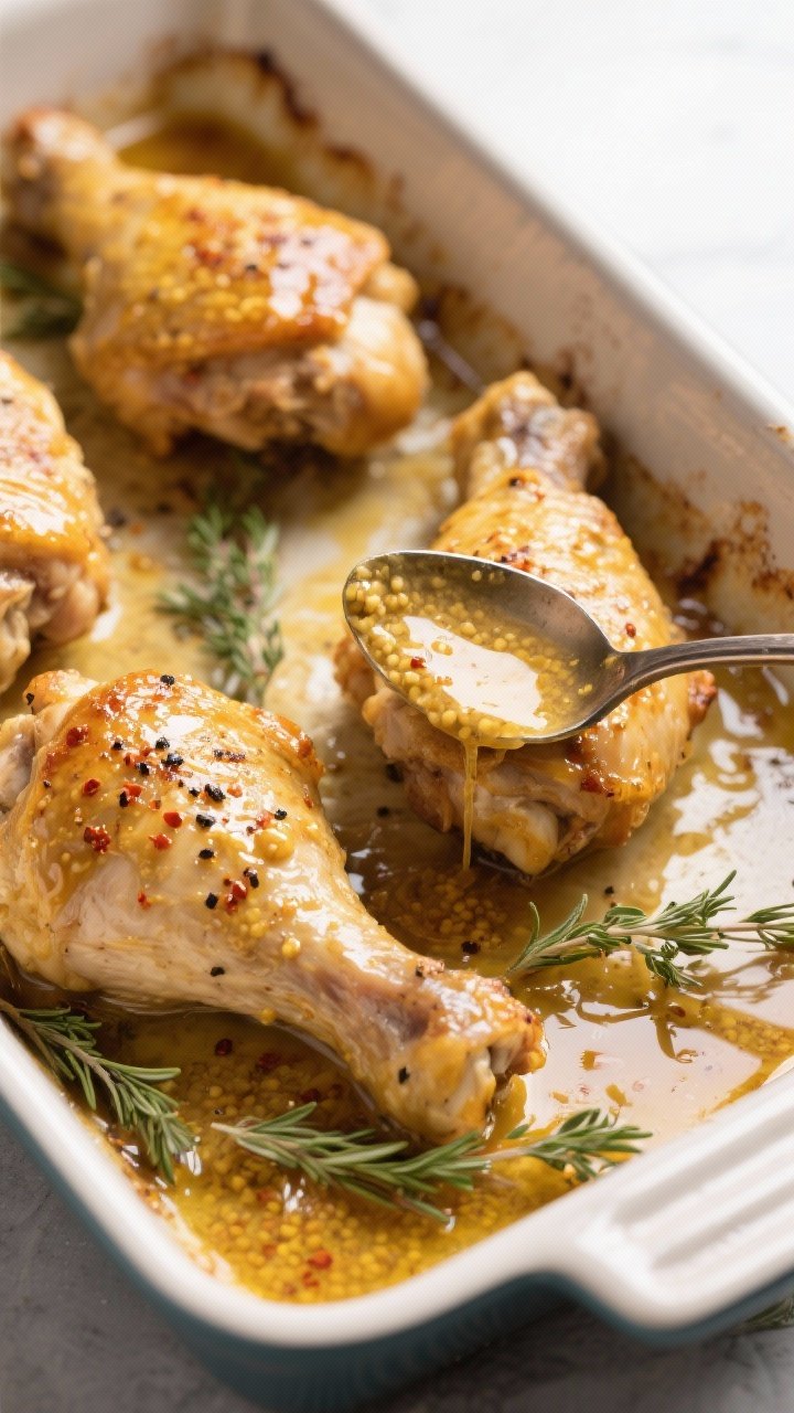 Close-up detail, cooking process: Golden-baked honey mustard chicken thighs in a 9x13 baking dish ju