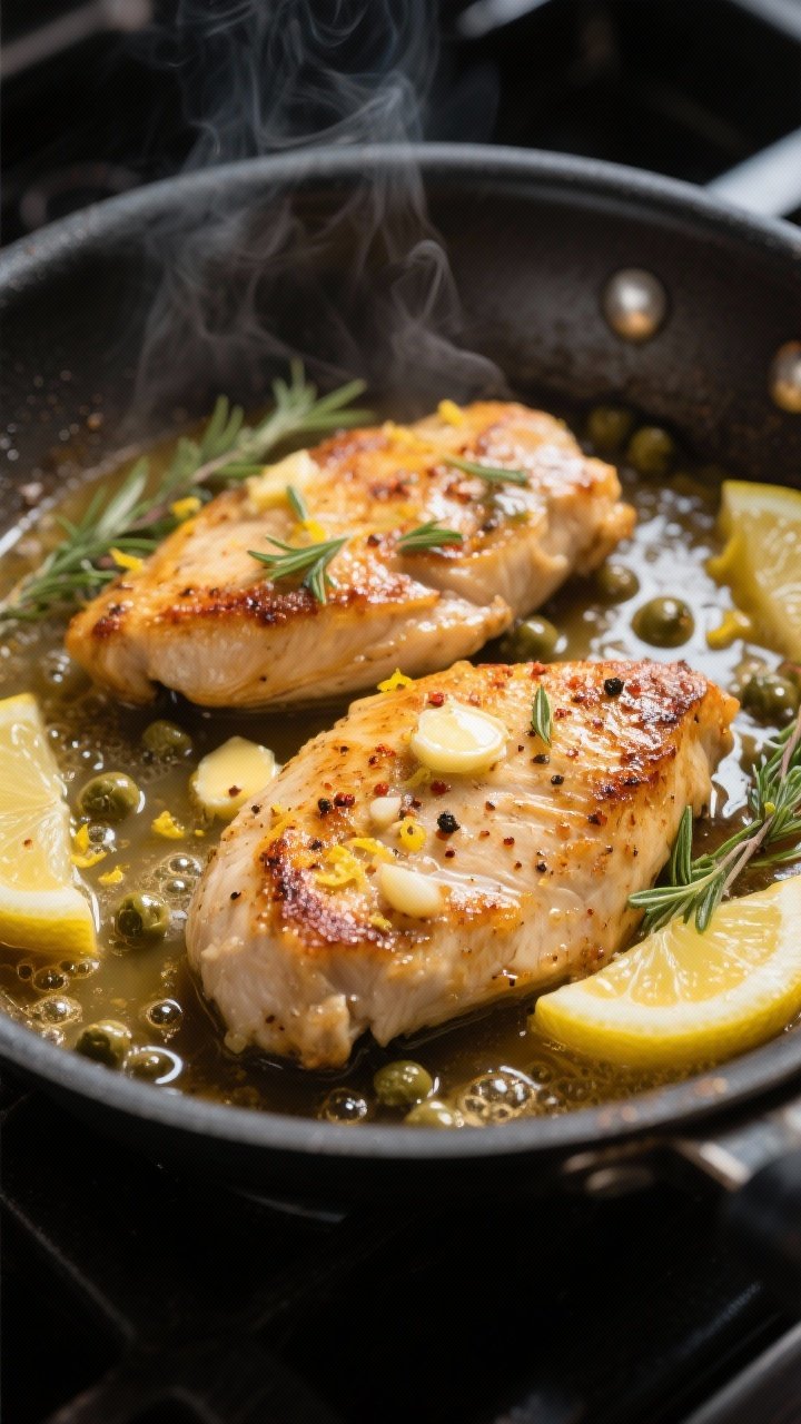 Close-up detail, cooking process: Golden-seared lemon garlic chicken cutlets nestled in a sizzling s