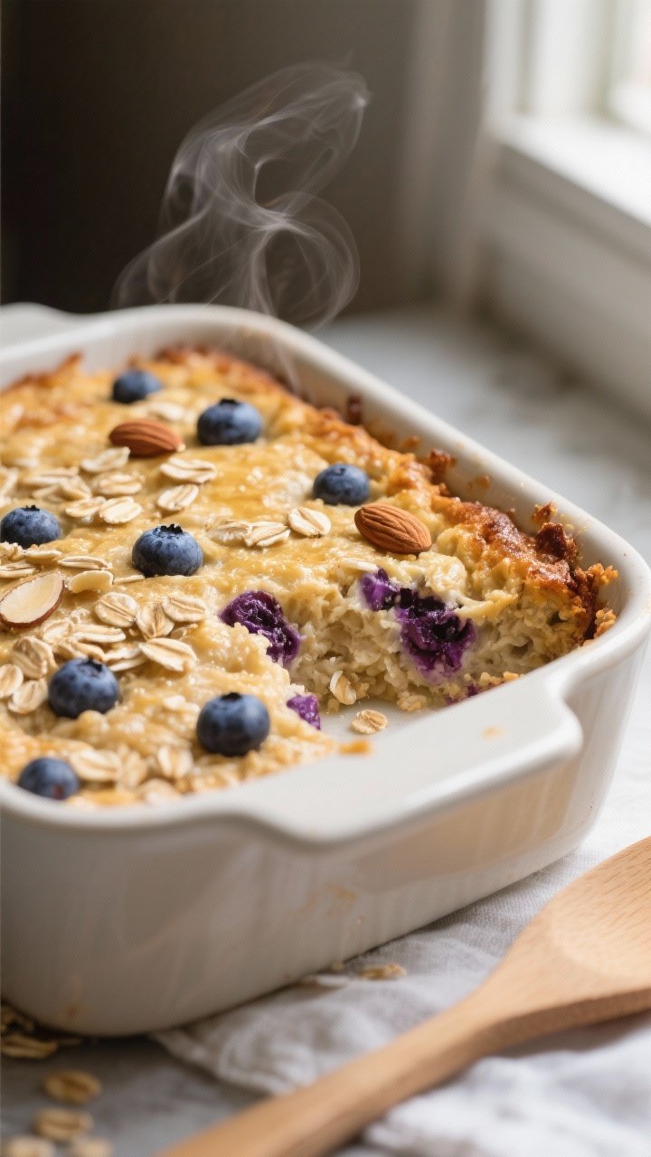 Close-up detail, cooking process: Golden-topped blueberry almond baked oatmeal just out of the oven 