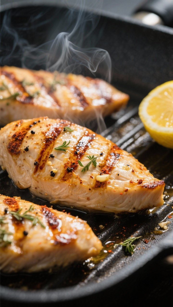 Close-up detail, cooking process: Juicy grilled chicken breasts on a hot grill pan, deep golden gril