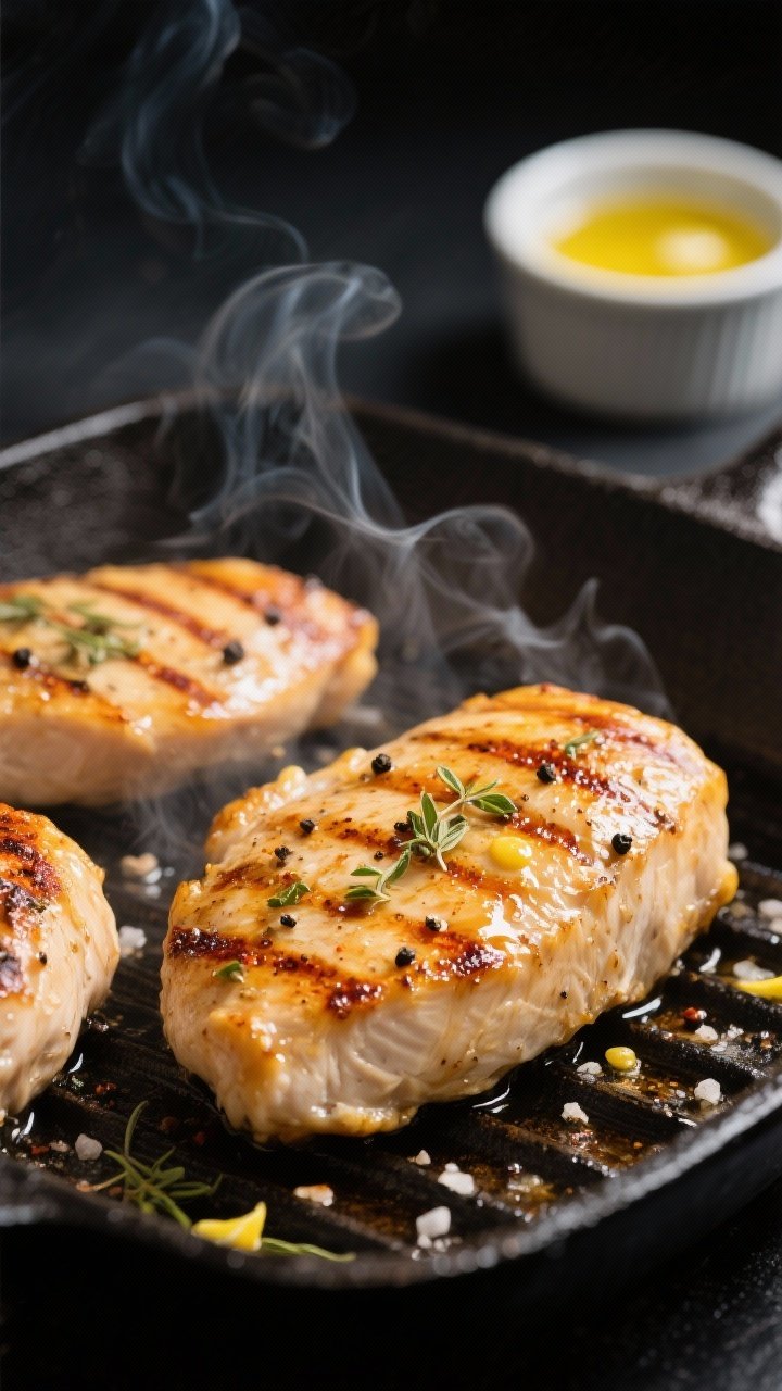 Close-up detail, cooking process: Juicy grilled chicken breasts sizzling on a preheated cast-iron gr
