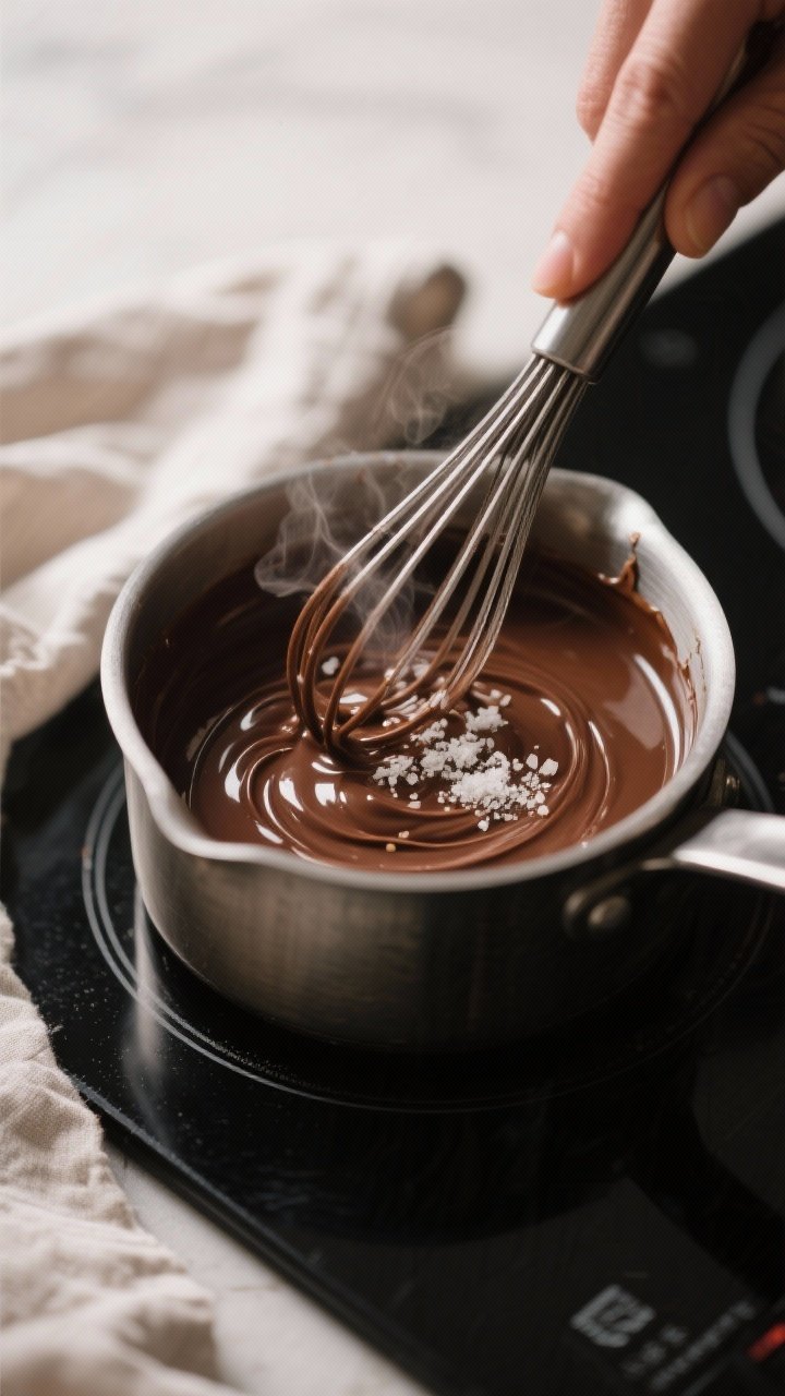 Close-up detail, cooking process: Melted chocolate-coconut mixture being whisked off-heat in a small