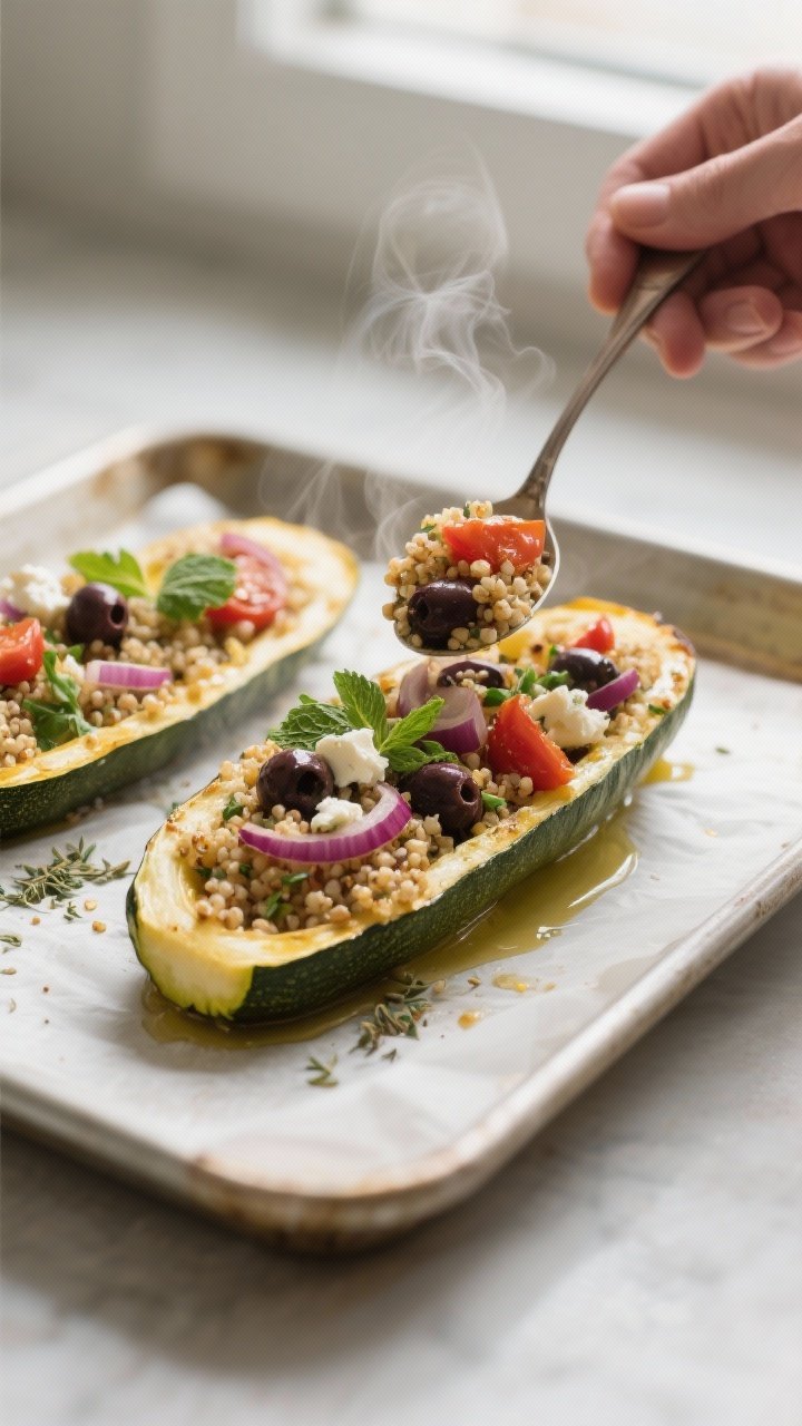 Close-up detail, cooking process: Quinoa zucchini boats being stuffed and finished on a parchment-li