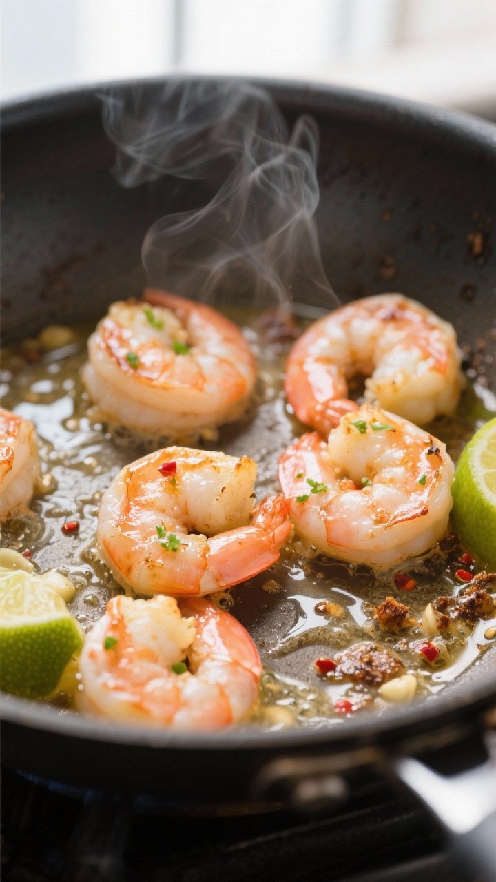 Close-up detail, cooking process: Searing garlic-lime shrimp in a large stainless skillet over mediu