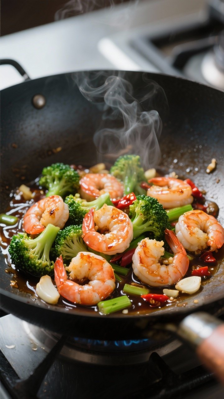Close-up detail, cooking process: Searing shrimp and broccoli in a wok over medium-high heat, shrimp