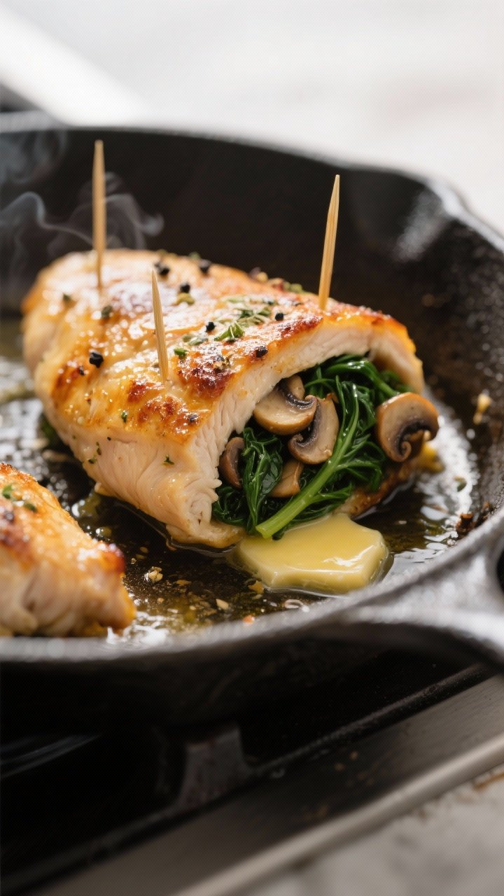 Close-up detail, cooking process: Searing stuffed chicken breasts in an oven-safe skillet, golden-br