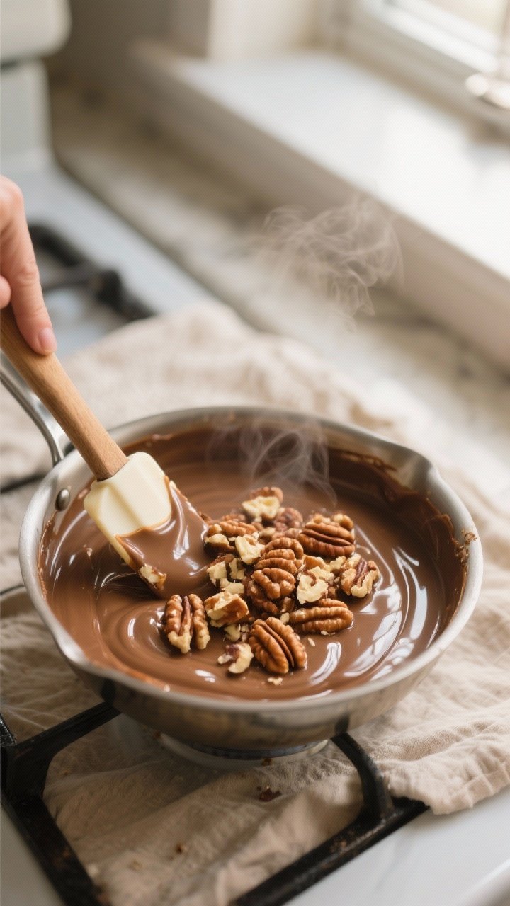 Close-up detail, cooking process: Silky keto maple walnut fudge base in a small saucepan just after 