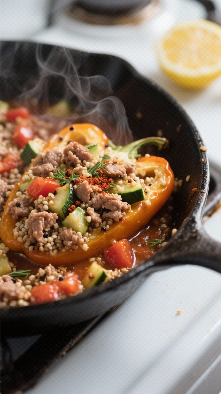 Close-up detail, cooking process: Turkey & quinoa stuffed pepper filling sizzling in a wide skillet,