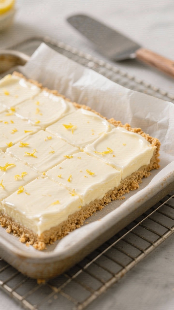 Close-up detail, cooking process: Warm pan of freshly baked Keto Lemon Vanilla Cream Squares just ou