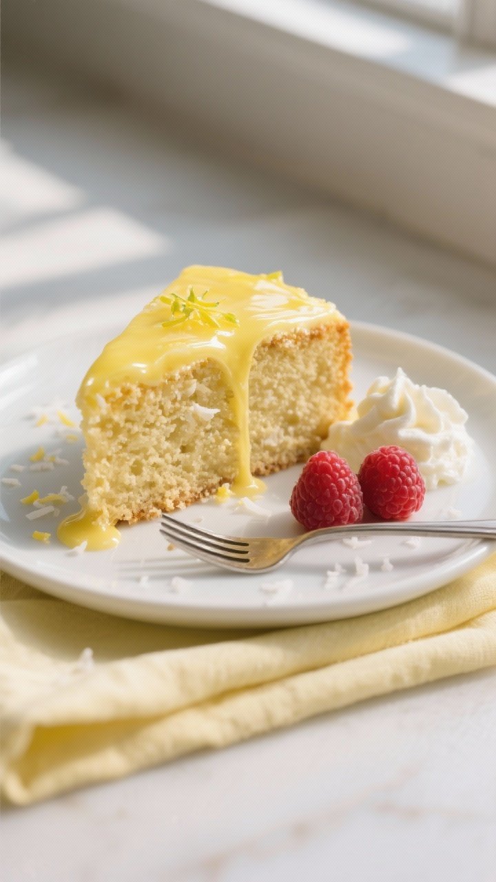 Close-up detail, final slice: A moist slice of Keto Lemon Coconut Cake on a matte white dessert plat