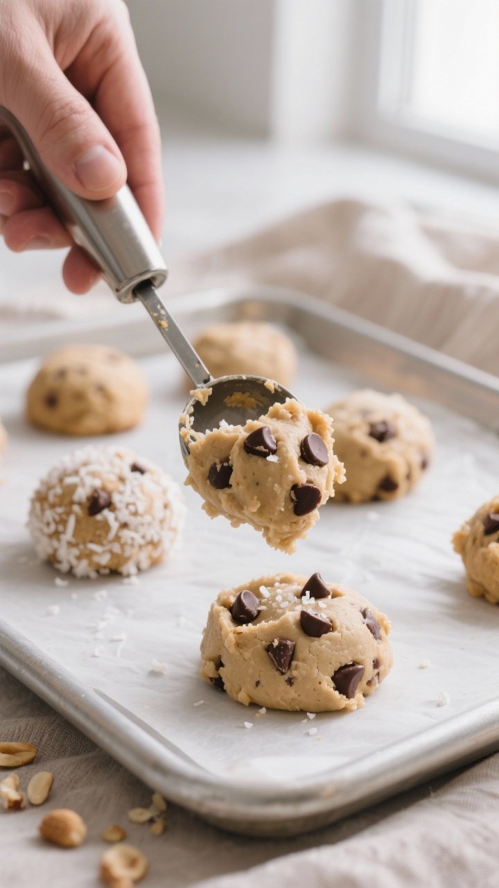 Close-up detail, no-bake process shot: Chilled keto peanut butter chocolate chip cookie dough being 