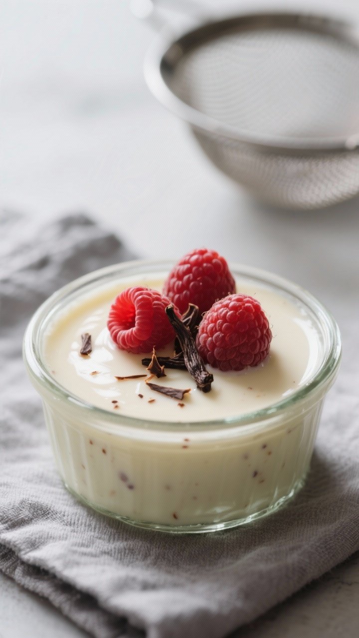 Close-up detail of a chilled keto vanilla bean panna cotta just set in a small glass ramekin, silky 
