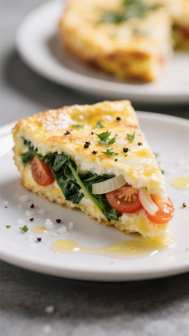 Close-up detail of a plated wedge of the egg white frittata on a matte white plate, showing moist, c