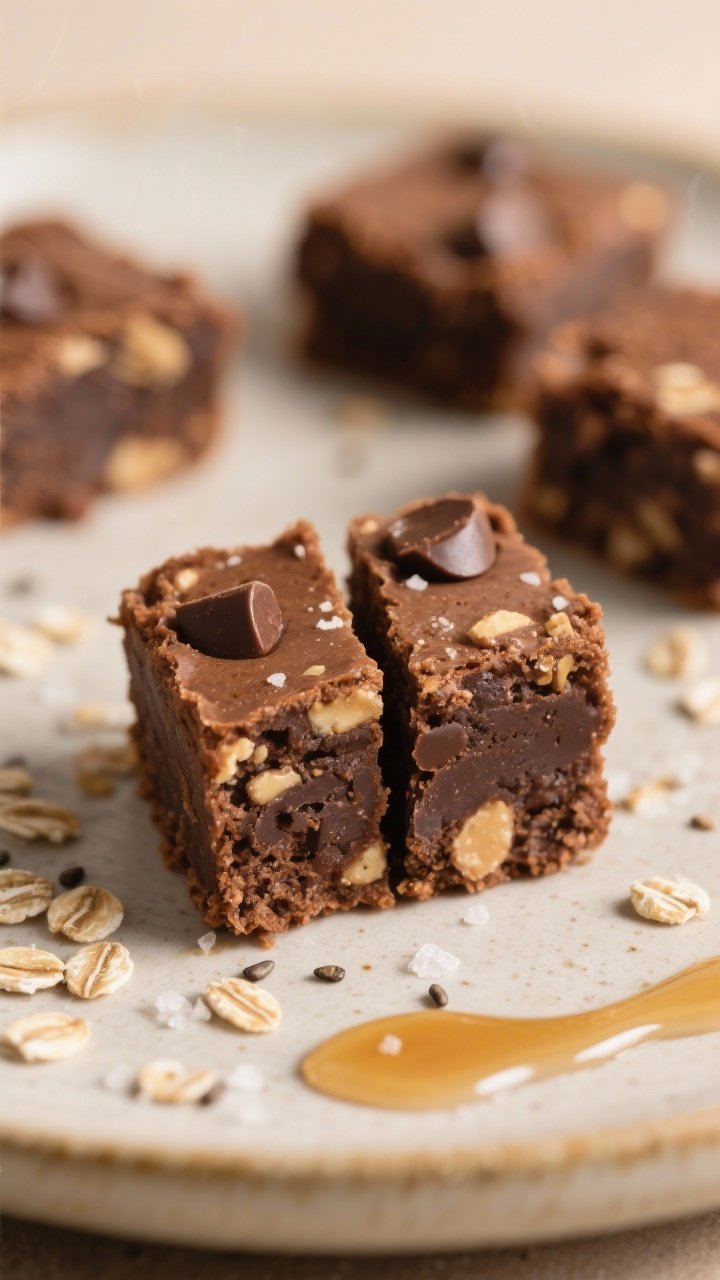 Close-up detail of a single brownie bite sliced in half to reveal the dense, fudgy interior speckled