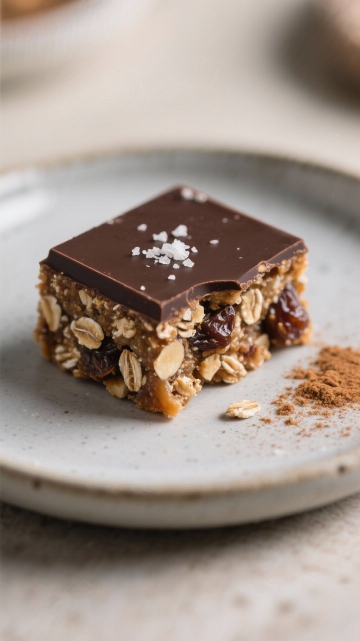 Close-up detail of a single energy square on a small matte ceramic plate, half-bite taken to reveal 