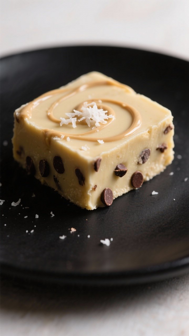 Close-up detail of a single freezer fudge square on a matte black plate, highlighting silky, melt-in
