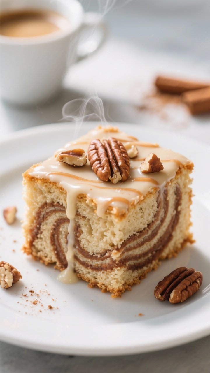 Close-up detail of a single square slice of Keto Cinnamon Swirl Coffee Cake on a matte white plate, 