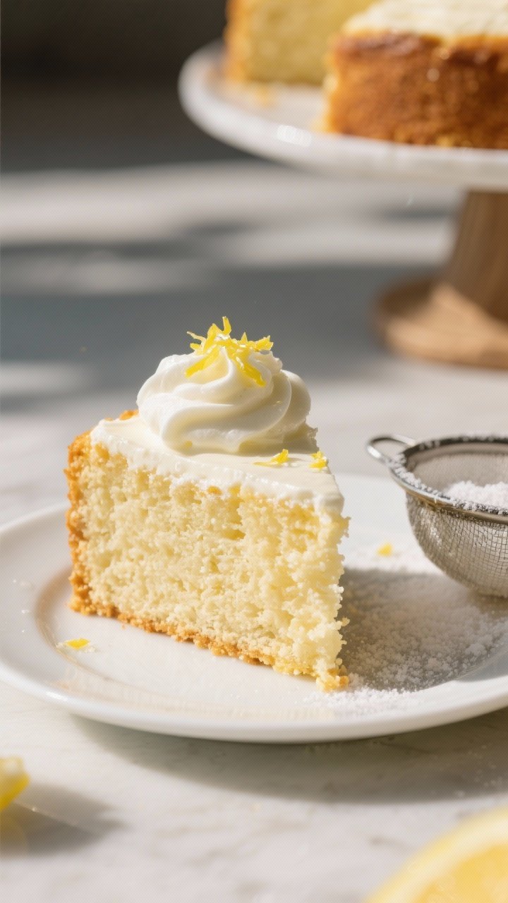 Close-up detail of a sliced piece of Keto Lemon Ricotta Cake on a small white plate, three-quarter a