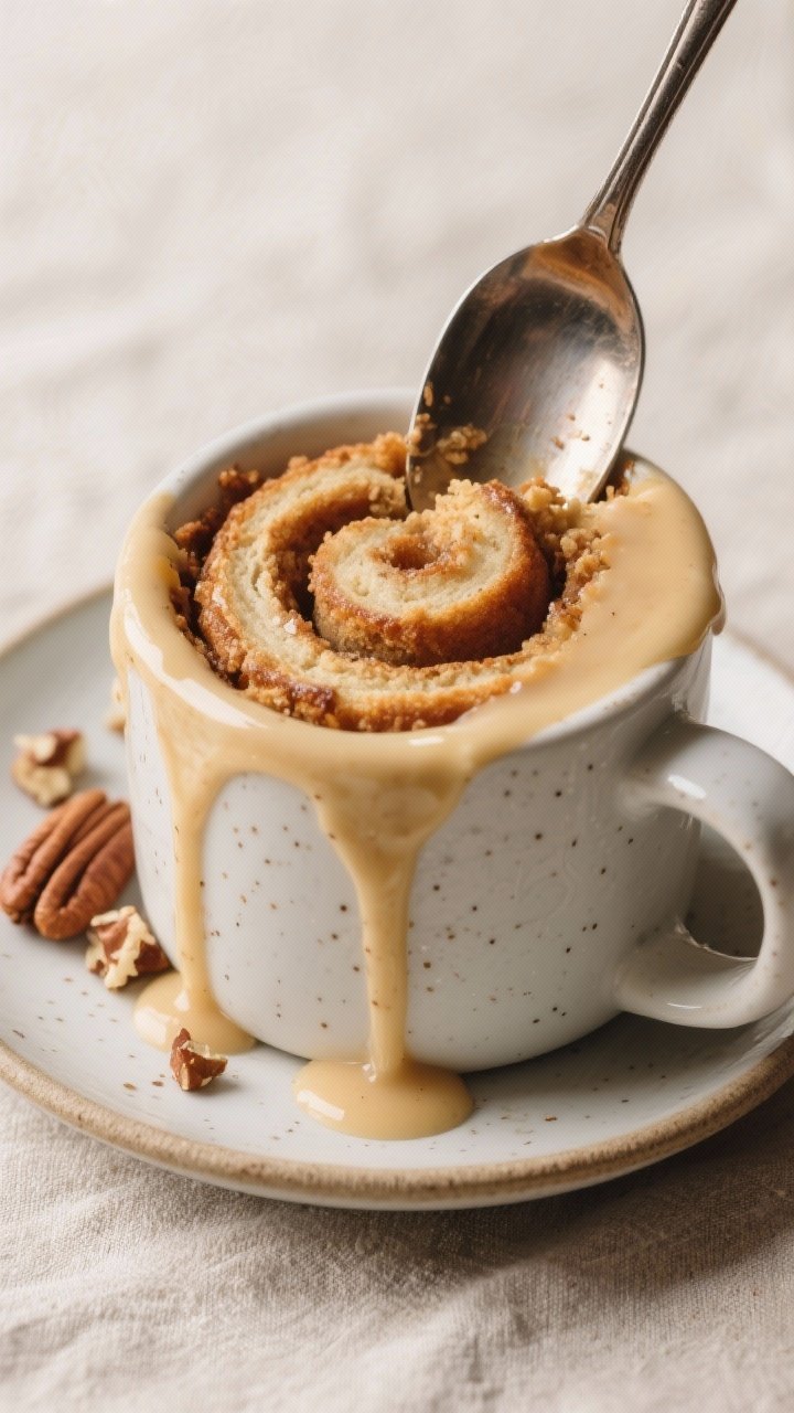 Close-up detail of a spoon breaking into the warm keto cinnamon roll mug cake (already removed from 