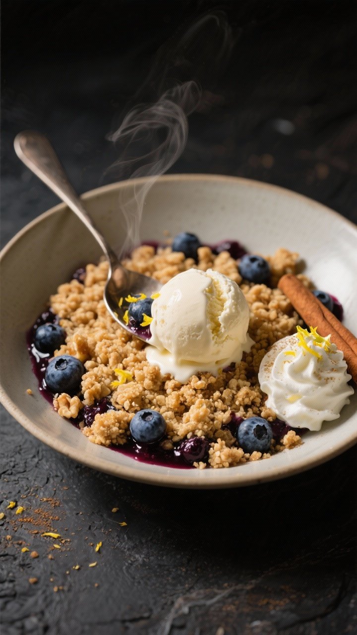 Close-up detail of a warm plated serving of Keto Blueberry Crumble in a shallow dessert bowl, spoone