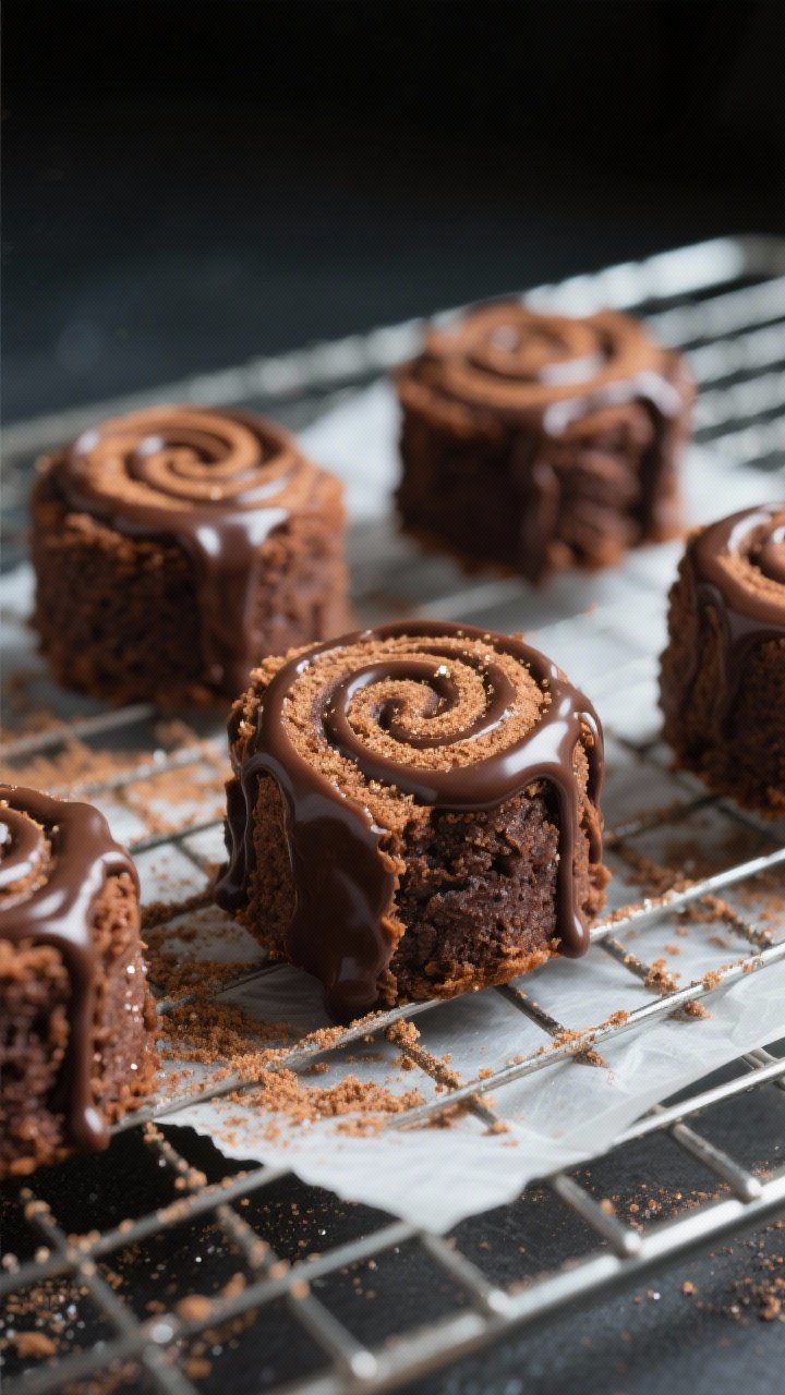 Close-up detail of freshly baked Keto Chocolate Cinnamon Roll Bites cooling on a wire rack, edges se