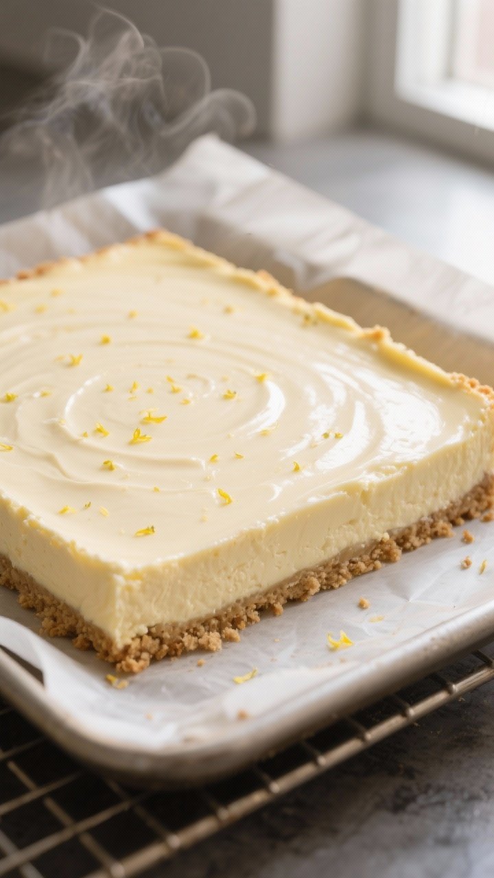 Close-up detail of freshly baked Keto Lemon Vanilla Cheesecake slab just out of the pan and cooling,