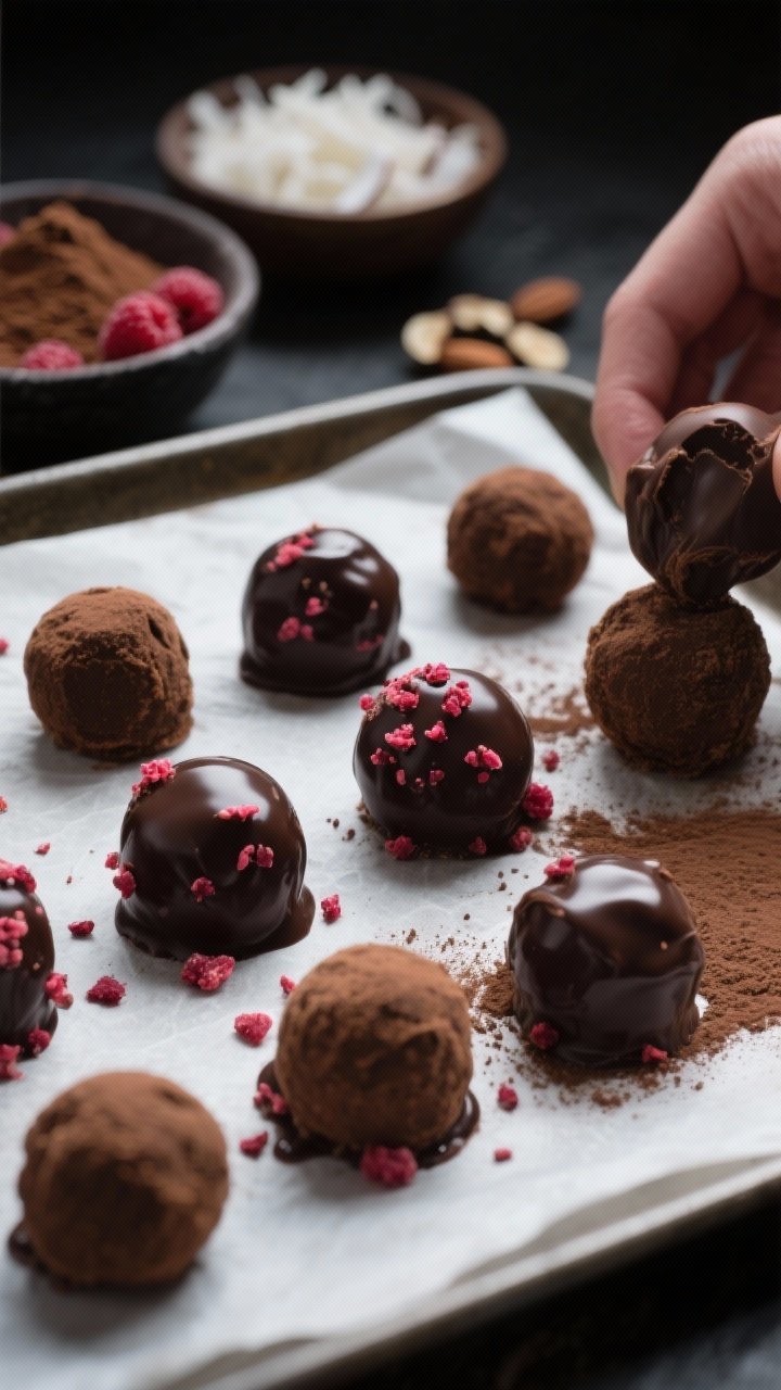 Close-up detail of just-rolled keto dark chocolate raspberry truffles on a parchment-lined tray duri